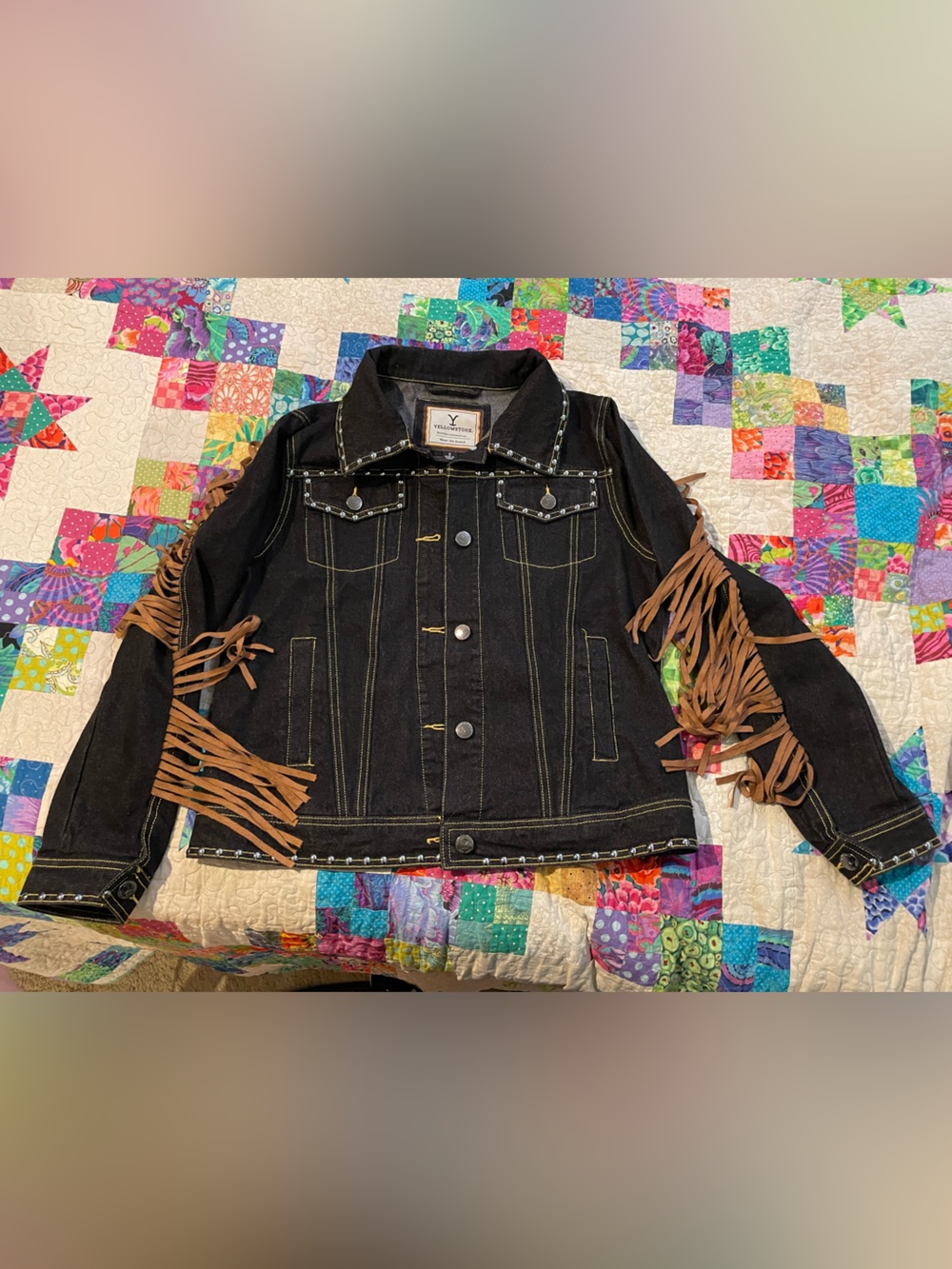 Women's Black Denim Jacket with Brown Fringe - Western Style
